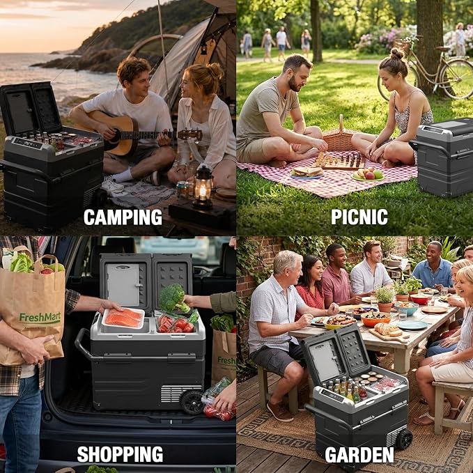 YELLOW JACKET 12 Volt Car Refrigerator 58 Quart, Portable Freezer Dual Zone, -4℉-68℉ Electric Cooler for Camping Road Travel,12/24V DC & 110~240 V AC for Truck RV Home Office