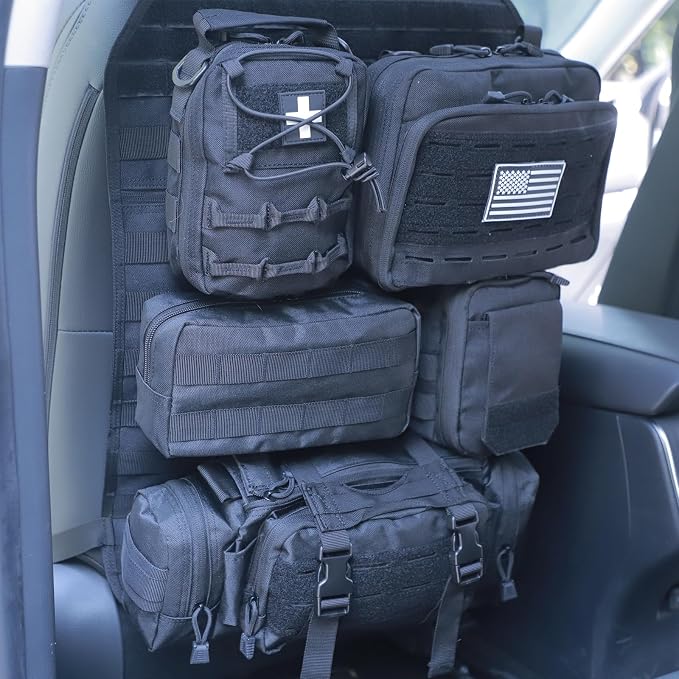 Universal Tactical Car Seat Back Organizer Bag Tactical Molle Vehicle Organizers Panel Vehicle Protector Organizers with 5 Detachable Pouches for Car (Upgraded C Black)