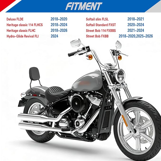 YTSMotor Detachable Upright Passenger Backrest Sissy Bar with Docking Hardware Kit Compatible With 2018-2026 Harley Softail FLSL FXST Heritage Classic FLHC FLHCS Deluxe FLDE Street Bob FXBB