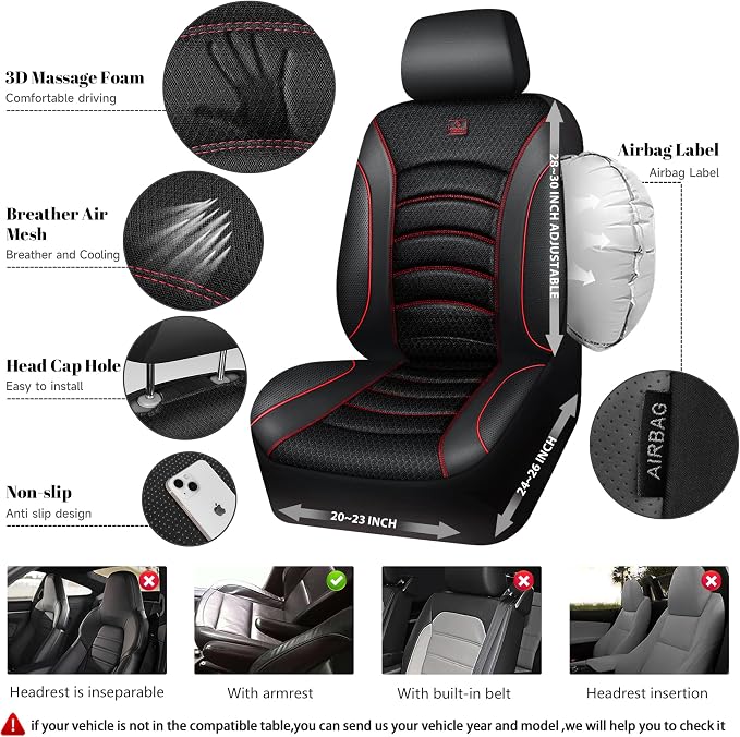 CAR PASS Comfortable 3D Foam Mesh Leather Car Seat Covers Front, Air Cool Mesh Breathable Front Seat Covers for Car, Universal Fit for SUV Truck Sedan Automotive, Airbag Compatible,Black Red