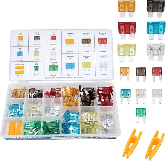 NEIKO 50502A Car Fuses Assortment Set, 140pc, Fast Acting, Auto Fuses Kit, Standard and Mini Sizes, 5A, 7.5A, 10A, 15A, 20A, 25A, and 30 Amp, Marine Boat, Automotive, RV, Car Fuse Kit, Fuse Puller