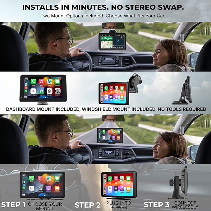 Portable Wireless Carplay Car Screen carplay, 7" Touchscreen for Car with Apple Car Play & Android Auto Backup Camera/Mirror Link/Voice Control/Bluetooth/GPS/AUX/FM All Vehicle