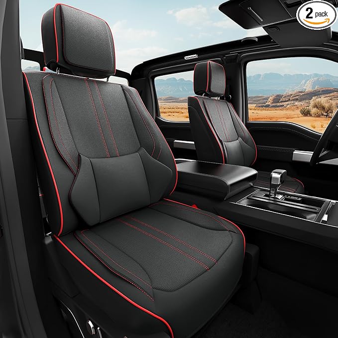 W&PMAX Custom-Fit Front Seat Covers for Chevy Silverado 1500 (2014–2019), Red Front Set, Waterproof Leather, Airbag Safe, Easy Install