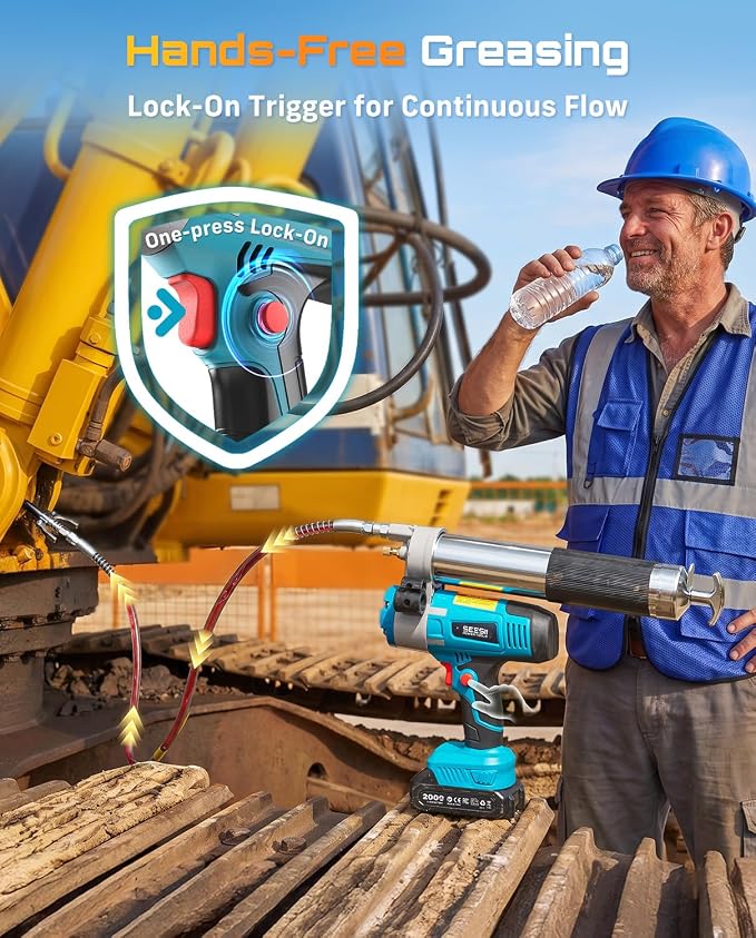 Seesii Electric Grease Gun, 5.8 oz/min Fast Flow Cordless Grease Gun with Auto Lock-On Trigger, 48" Hose, Standard & Quick Release Couplers, Needle Dispenser, Pointed Tip for Tractor & Heavy Equipment | Battery Powered, Auto Faster Greasing, Multi-Coup...