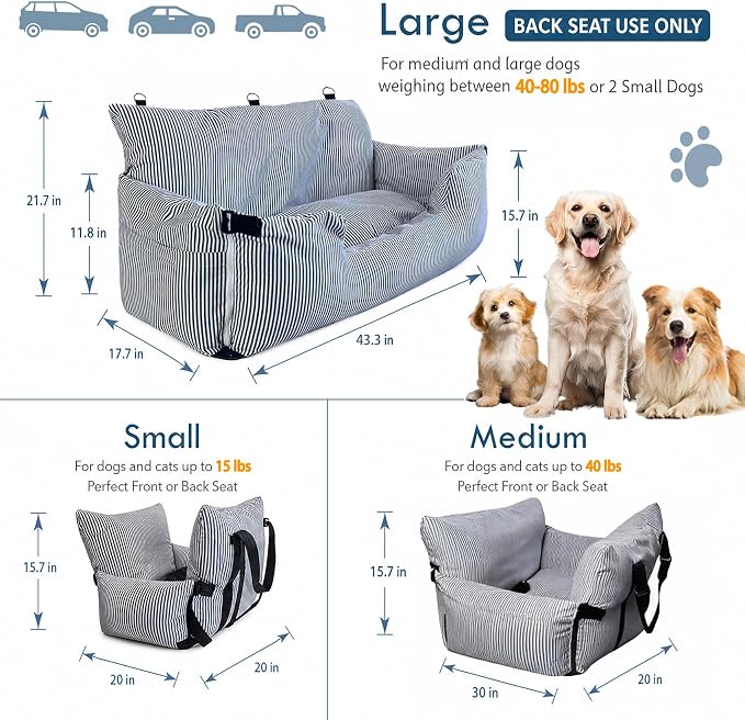 Dog Car Seat for Large Dogs,Dog Booster Seat Under 80lbs or 2 Small Dogs, Detachable Pet Seat with Safety Belt, Non-Slip Base, and Storage Pockets for Car Travel