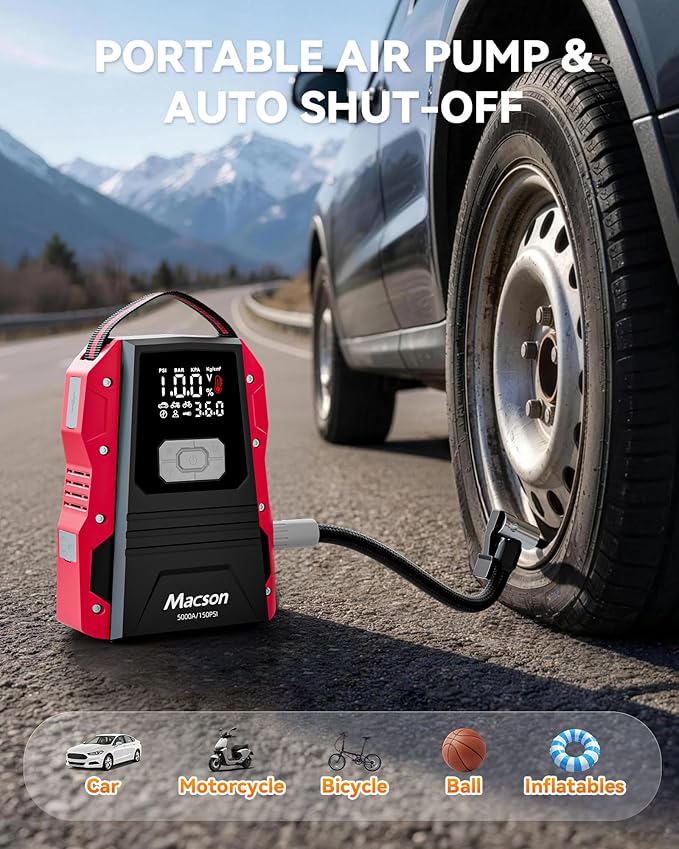 5000A Jump Starter with Air Compressor - Portable 12V Jump Box Battery Pack for 9.0L Gas/8.0L Diesel Engines, Car Jumper Starter Portable with 150PSI Tire Inflator, LED Screen, Fold-Up LED Flashlight
