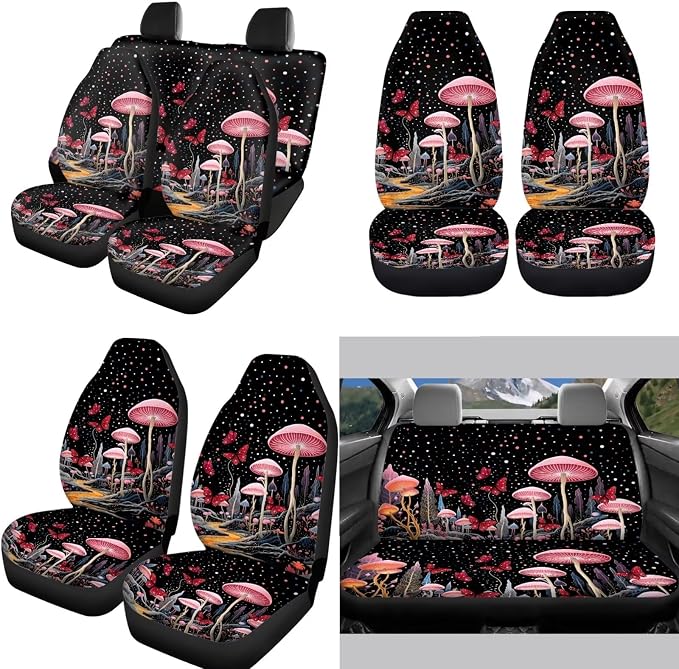 Mushroom Car Accessory Pink Mushroom Car Seat Covers Full Set,Cottagecore Butterfly Mushrooms Auto Steering Wheel Cover Keychain Safety Seat Belt Pad Universal Fit,All Weather Protection 12Pcs