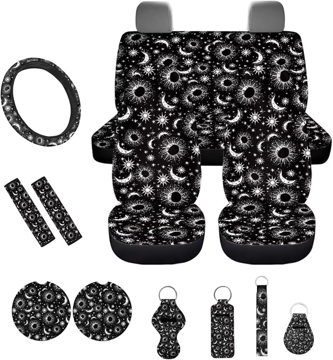 Car Accessories Car Seat Covers Full Set/Seatbelt Shoulder Pads/Coasters/Key Ring/Lipstick Holder for Women's Vehicle Decor(13 Pack), Celestial Moon Stars