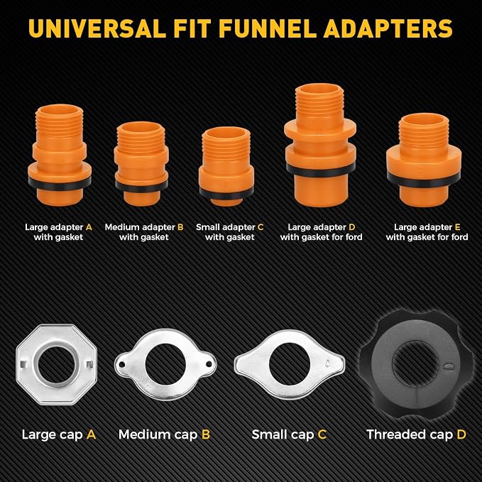 20-Piece No-Spill Coolant Funnel Kit, Cooling System Funnels Kits, Spill Proof Funnel Bleeder, Radiator Funnels Kit with Adapters, Extensions, Flexible Hose, Circular-Funnel, Towel for Automotive Use