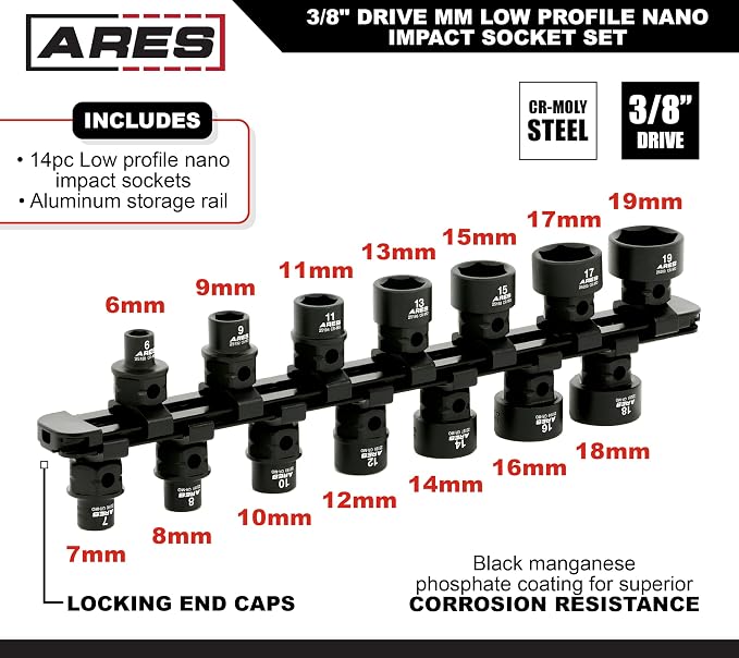 ARES 29018 – 14-Piece 3/8-Inch Drive Metric Low Profile Nano Impact Socket Set – Impact Grade Sockets Offer Greater Clearance Than Typical Shallow Sockets – Includes Aluminum Storage Rail