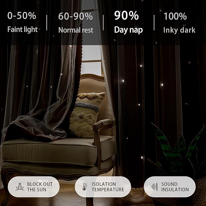XiDi Black Out Curtains, Double Layer, Unicorn Pattern for Kids & Living Room - 84" Long, 2 Panel Brown