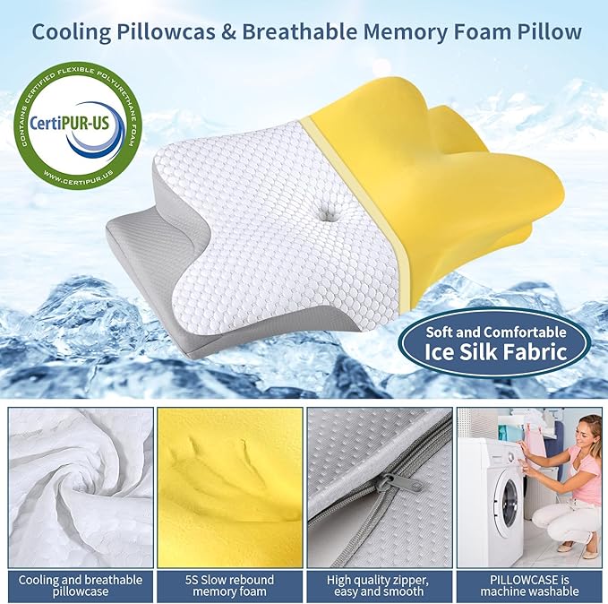 Cervical Neck Pillow for Pain Relief, Ergonomic Contour Pillow, Orthopedic Memory Foam Neck Support Pillow for Side, Back & Stomach Sleepers
