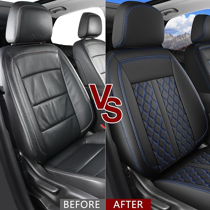 Huidasource Titan/Titan XD 2016-2024 Front Seat Covers, Breathable Leather Seat Covers for Nissan Titan SV PRO-4X SL Platinum Reserve, Full Coverage Pickup Truck Seat Covers (Front Pair/Black&Blue)