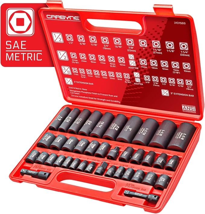 CARBYNE 40-Piece Impact Socket Set, SAE and Metric, Standard and Deep, 3/8 and 1/2 in. Drive, Corrosion-Resistant Finish, 6 Point, Storage Case