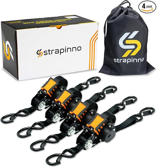 Strapinno Retractable Ratchet Straps - 1 in x 12 ft Heavy Duty Tie Downs, 1800lbs Breaking Strength Each, S Hooks with Safety Clip, AutoRetract, for Moving, Motorcycle, Boat, Kayak, and Cargo (4 PCS)