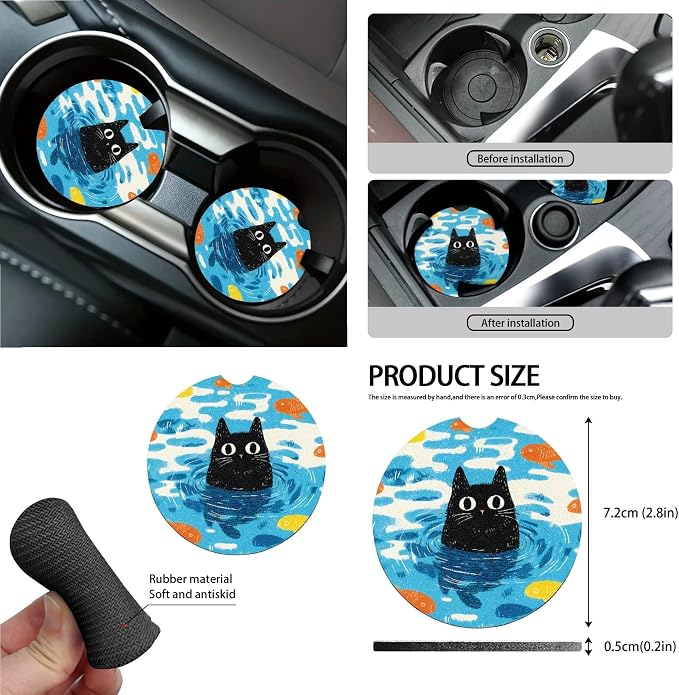 Cartoon Cat Print Car Front Back Seat Covers Set of 15 Steering Wheel Covers Trash Cans Air Vent Storage Bag Seatbelt Strap Cover Rear View Mirror Covers Cup Coasters Keychain