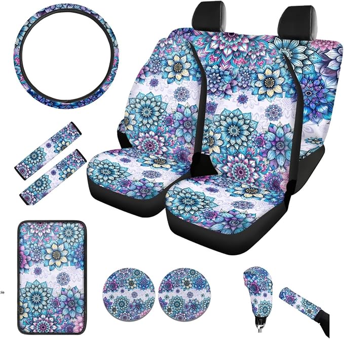 BIGCARJOB Purple Lotus Car Seat Cover Full Set 12 Pieces Hippie Lotus Steering Wheel Cover,Car Handbrake Cover,Gear Shift Cover for Womens Girls Cute Car Interior Accessories Boho Lotus Printed