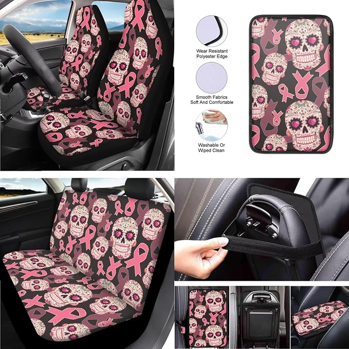 Pink Ribbon Sugar Skull Car Seat Cover Set of 13, Breast Cancer Awareness Stretchy Steering Wheel Cover, Skulls Ribbons Seat Belt Cover Cup Holder Pad, Easy to Clean