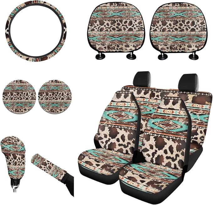 Wanyint Aztec Brown Cow Print Retro Car Seat Cover Full Set with Steering Wheel Cover Gear Shift Knob Cover Handbrake Protector Coasters Headrest Covers Universal Fit for Most Vehicles, Set of 11