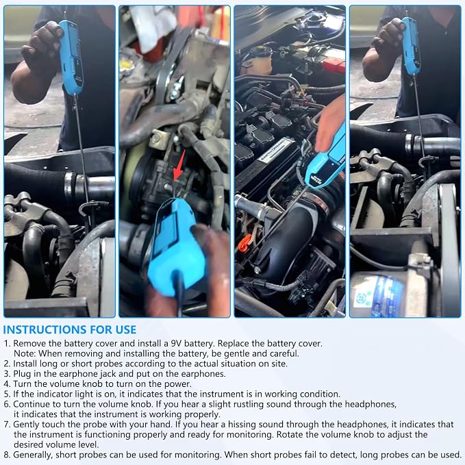 ZKTOOL Automotive Electronic Mechanics Stethoscope Electronic Ear Diagnostic Device Kit EM410, with Short and Long Probe, Headphones, Engine Noise Finder Detector Tester, Frequency Range 20Hz~20KHz