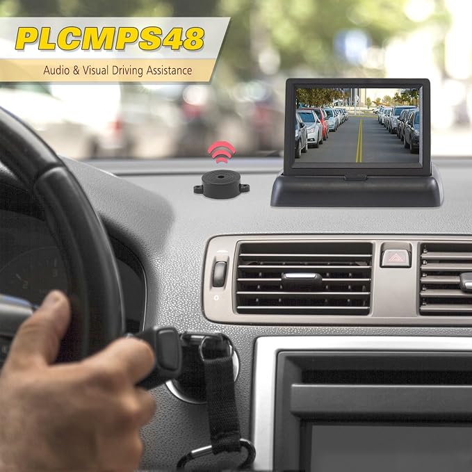 Pyle Backup Rear View Car Camera Monitor Screen & Alarm Parking Sensors System Reverse Safety Distance Scale Lines, Waterproof Night Vision Angle, 4.3" LCD Video Display for Vehicles - (PLCMPS48)