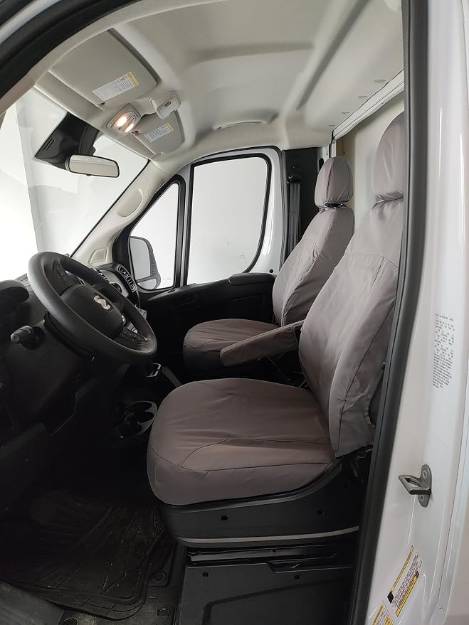 Durafit Seat Covers. D1338-C8. Made to fit 2013-2024 Promaster Van Exact Fit Front Bucket Seat Covers, Gray Waterproof Endura, Sold in Pairs Not for Rv Seats, armrest on Drivers only.