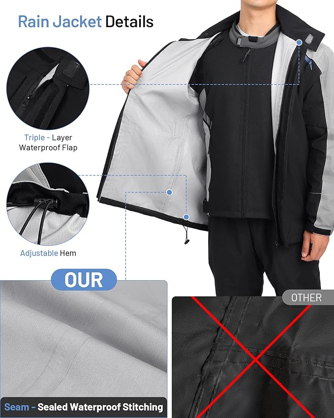 Oumurs Motorcycle Rain Suit For Men & Women Waterproof Motorcycle Rain Gear Fishing Riding Golf Working Bike Hunting Camping Rain Coat, Lightweight Nylon Reflective Rain Jacket Rain Pants