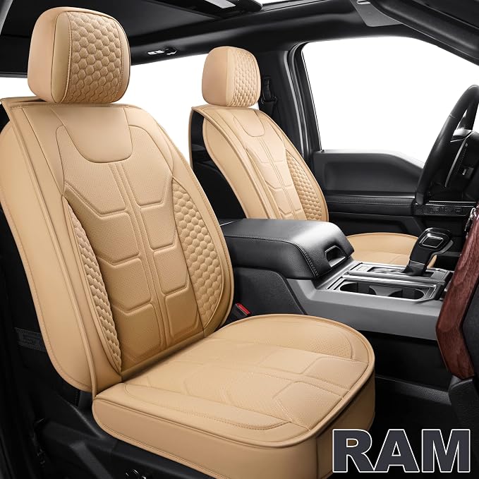 GXT Dodge RAM Front Seats Cover Fit for Select 2013-2021 Dodge RAM 1500 2500 3500 Pickup Truck, Waterproof Synthetic Leather Car Seat Cover and Cushion (Beige)