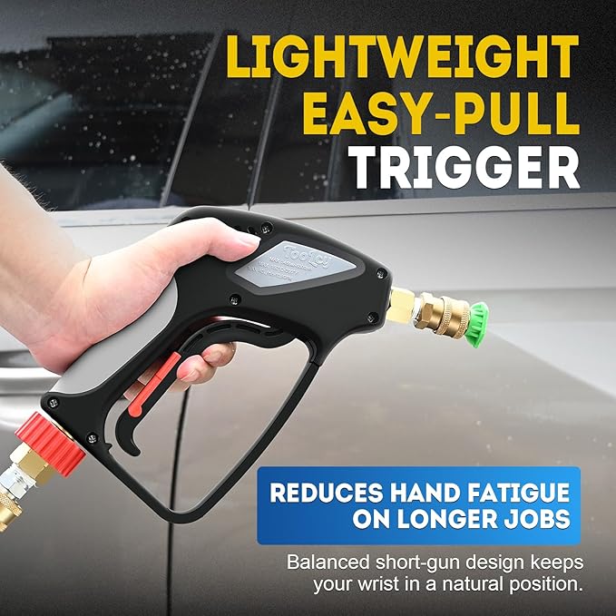 TOOLCY Pro Pressure Washer Gun and Wand, 5000 PSI High Pressure Washer Gun with 18" Curved Extension Wand, 360° Swivel, 1/4" Quick Connect Outlet, Includes 3/8" QC to M22-14mm Adapter & 5 Nozzle Tips