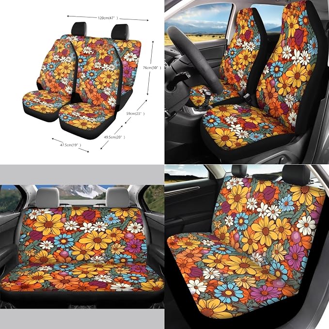 Car Accessories Full Set of 13 Pack Car Seat Cover Steering Cover,Seat Belt Covers,Keychain,Lipstick Holder,Coaster, Universal Fit, Colorful Hippie Daisy Floral Print