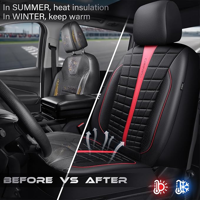 CAR PASS Leather Air Mesh Seat Covers for Cars, 3D Foam Leather Car Seat Cover Front Seats, Breathable Premium Mesh Leather Front Seat Covers, Universal Fit for Cars,Trucks,Sedan,SUV, Black Red