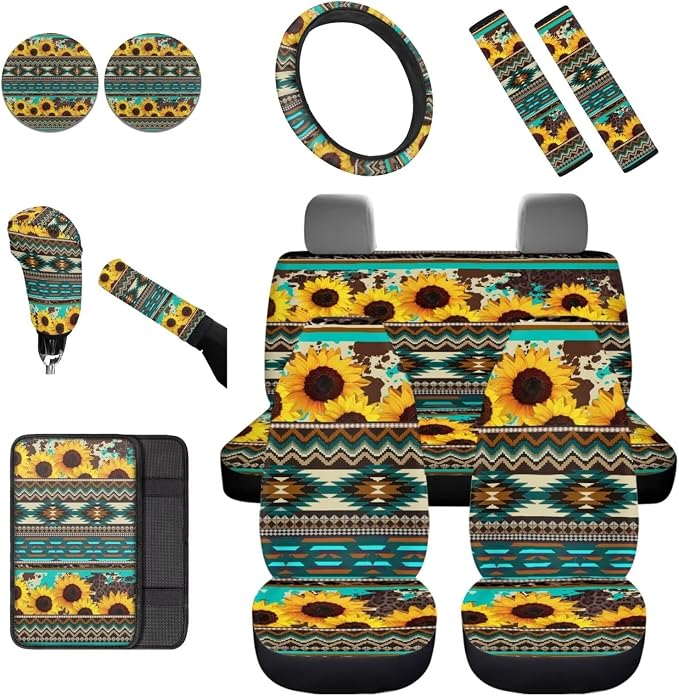 Dreaweet Sunflower Aztec Seat Covers for Cars,Green Car Seat Covers Full Set with Steering Wheel Cover/Armrest Cover/Seatbelt Covers/Car Coasters/Gear Shift Cover/Handbrake Cover,12 Pcs Set