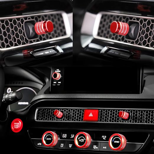 for Honda Civic Accessories 2026 2025 2022-2024 for CRV 2026 2025 2024 2023 for Acura Integra 2025 2024 2023 Hazard Light, AC Knob Cover, Air Vent, Radio, Push Start Button Cover Ring 11Pcs (Red)