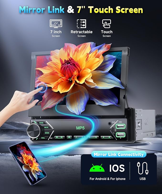 7 Inch Flip Out Touchscreen Car Stereo-Single DIN with Bluetooth 5.0, Mirror Link, Backup Camera & Type-C Fast Charging | Compatible with Most Vehicles