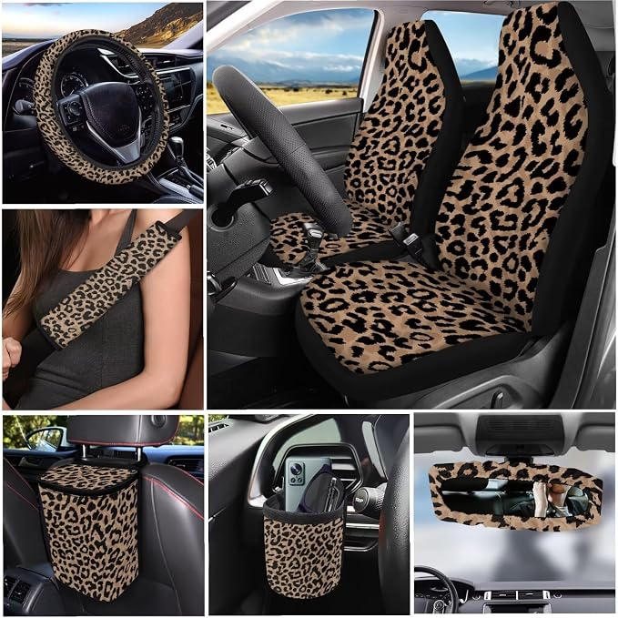 Dreaweet Brown Leopard Print Car Seat Covers Full Set for Women Cheetah Car Accessories Steering Wheel Cover Seat Belt Pads Car Coasters Trash Bag Air Vent Storage Bag Rearview Mirror Cover Keychain