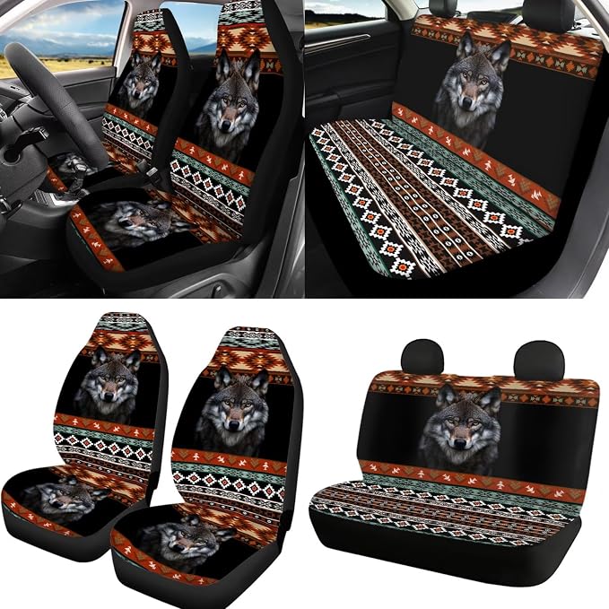Wolf Print Car Seat Cover Full Set with Steering Wheel Cover Non Slip Seat Belt Pads Aztec Southwest Auto Seat Protector Universal Fit for Cars Trucks SUVs, Orange