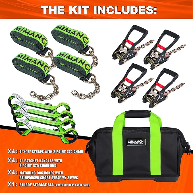 8 Point Roll Back Vehicle Tie Down Kit,with Heavy-Duty Chain Extension on Both Ends,2" x 16',and Ratchet Handle - Tow Strap Kit for Vehicles and Cars Tie Down Straps Tow System