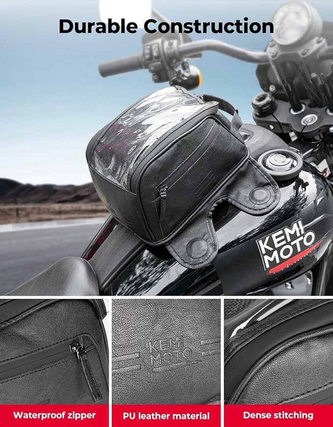 KEMIMOTO 7L Magnetic Motorcycle Tank Bag, PU Leather Water-Resistant Tank Bag with 8 Strong Magnets, Large Touchscreen Phone Film Motorbike Fuel Tank Storage Bag