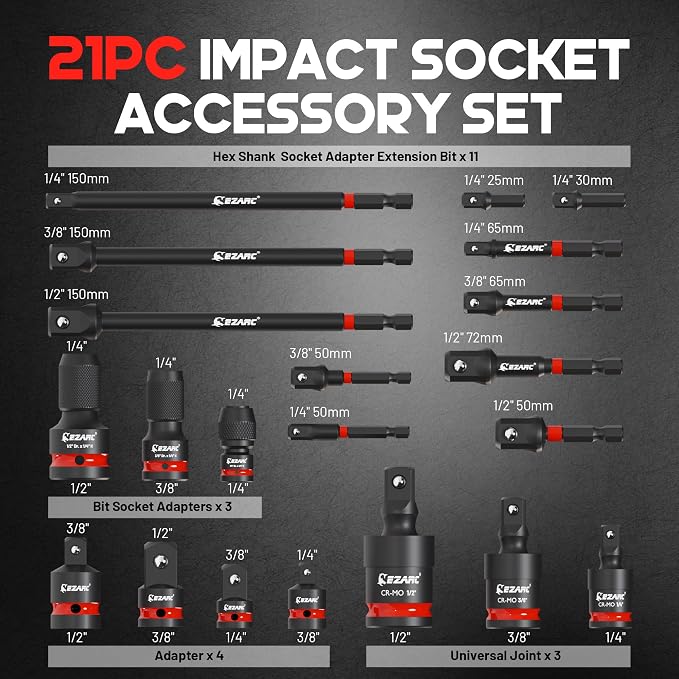 EZARC Impact Socket Adapter Set, 14PCS 1/4", 3/8" & 1/2" Square Drive Socket Adapters with 21PCS Universal Swivel Socket Set, Impact Couplers, Reducers and Hex Extension Bits for Power Drill and Impac