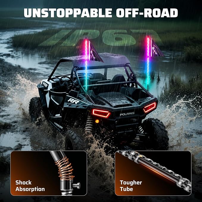 Ehaho 2 PCS 5FT Whip Lights with Spring Base, APP & Remote Control Led Whip Lights for Side by Side, Spiral RGB Chasing Lighted Whips with Rocker Switch, Music Led Whips for UTV ATV RZR SXS Can-Am