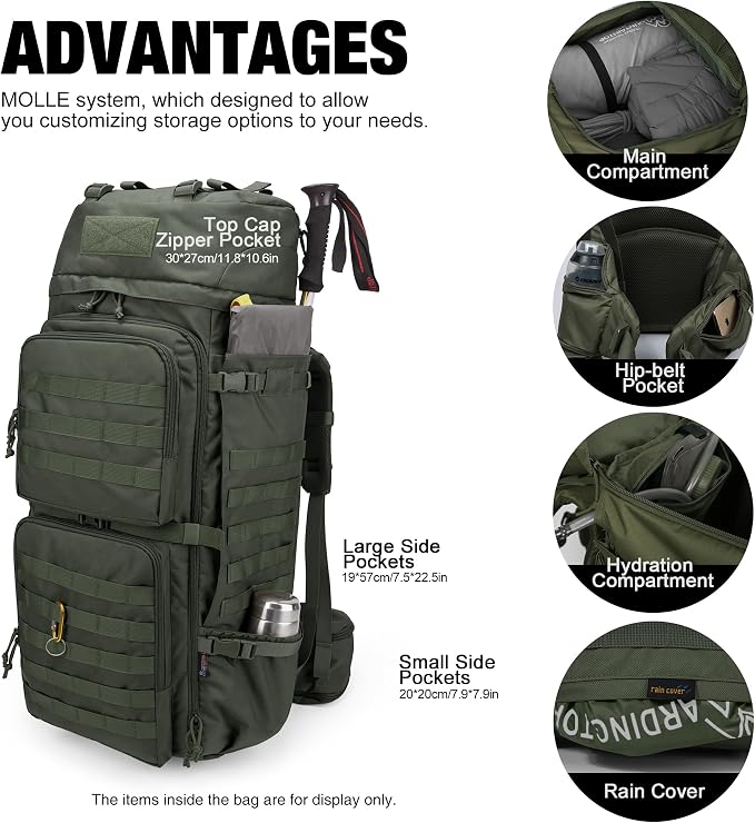 Mardingtop 75L Molle Hiking Internal Frame Backpacks with Rain Cover for Camping,Backpacking,Travelling(Ranger Green)