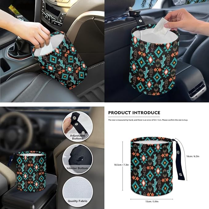 Southwestern Aztec Cactus Car Accessories Car Seats Cover Protector, Steering Wheel Covers, Seatbelt Cover, Car Trash Can, Cup Coasters, Rearview Mirror Cover, Keychains, Pack of 15