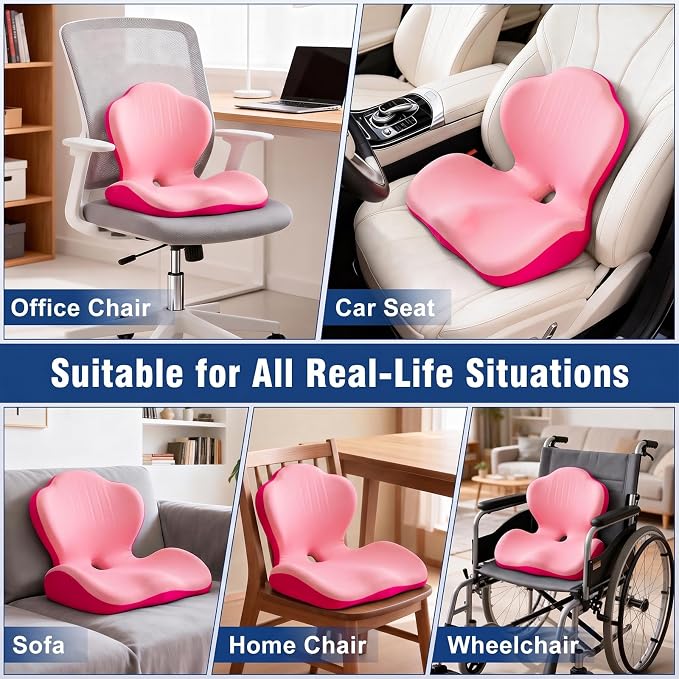 Car Seat Cushion with Lumbar Support Pillow, Memory Foam Office Chair Cushion for Back Pain Sciatica Pain Relief, Ergonomic L-Shaped Seat Cushion for Car Truck Driving Office Chair Home (Pink)