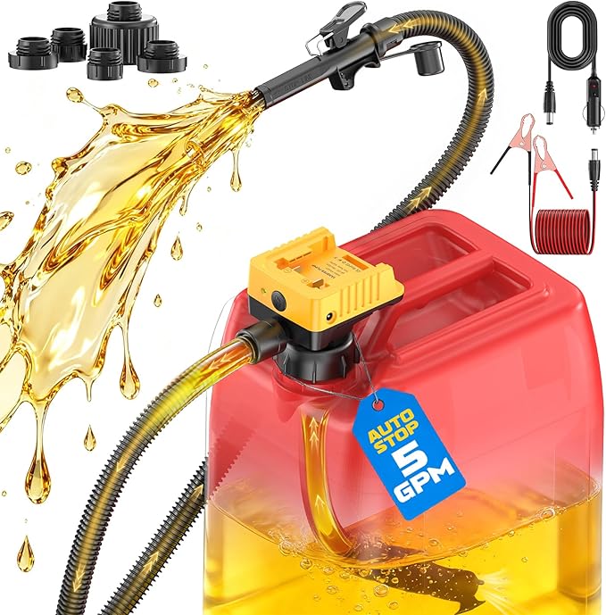 DIYtoolifz 5 GPM Cordless Fuel Transfer Pump with Auto Shut-Off & Beep Alert, Compatible with DeWalt 20V & Milwaukee 18V Batteries, Gas Can Pump for Gasoline/Diesel, 51" Hose & 5 Adapters (Bare Tool)