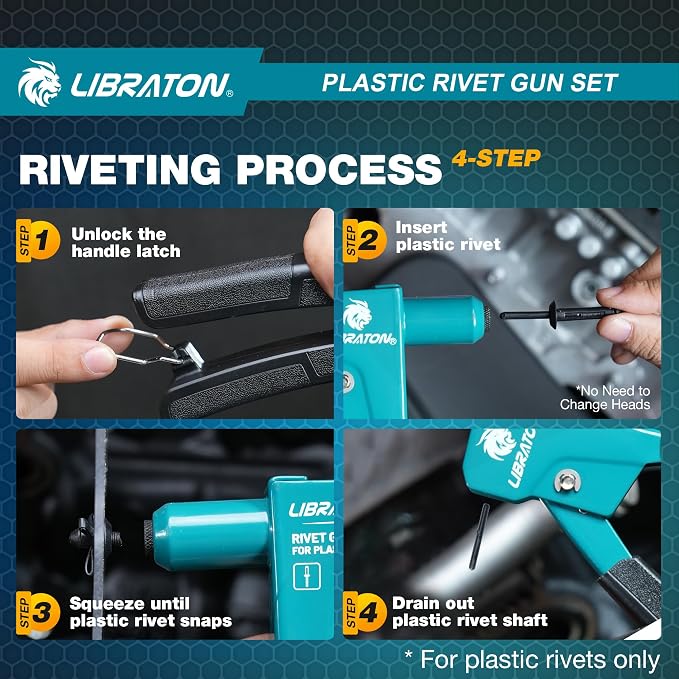 LIBRATON Plastic Rivet Gun Kit with Fastener Remover, 90 Degree Angle Hand Riveter with 40Pcs Nylon Rivets (4 Sizes) & Pry Tool, Universal Nosepiece for Automotive, Ergonomic & 50% Lighter Force