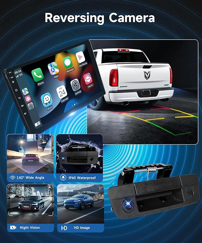 METEESER Car Rear View Backup Reversing Camera Night Vision Pull Handle for RAM 1500 2500 3500 2009-2017（RCA Connector）