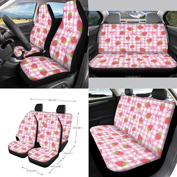 Strawberry Bowknot Print 18Pcs Automotive Seat Covers & Accessories Full Set High Back Bucket Seat Covers for Car Front and Back Seats with Steering Wheel Cover Safety Belt Pads etc