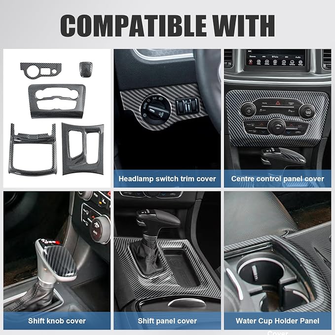 Interior Trim Kit for Dodge Charger 2015-2022 Gear Shift Panel Cover Cup Holder Headlight Switch Button Panel Cover
