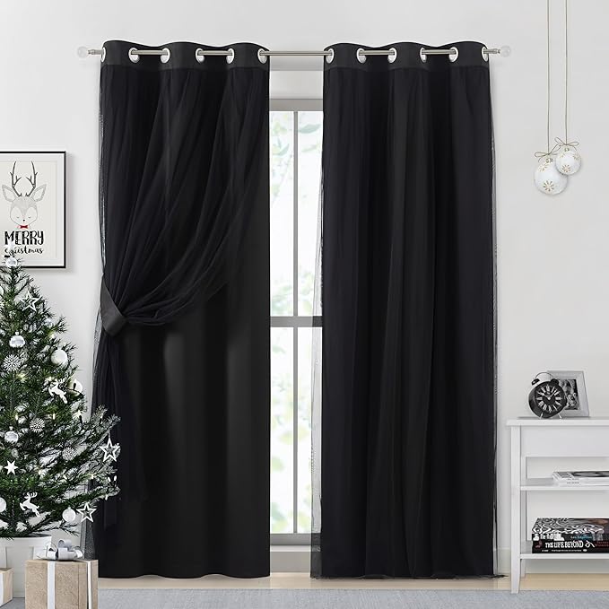 Bujasso Black Full Blackout Curtain Panels with Sheer Overlay Mix and Match Double Layer Thermal Insulated Window Treatment Set for Living Room Black Drapes with Tiebacks Grommet Top 37" Wx95 Lx2