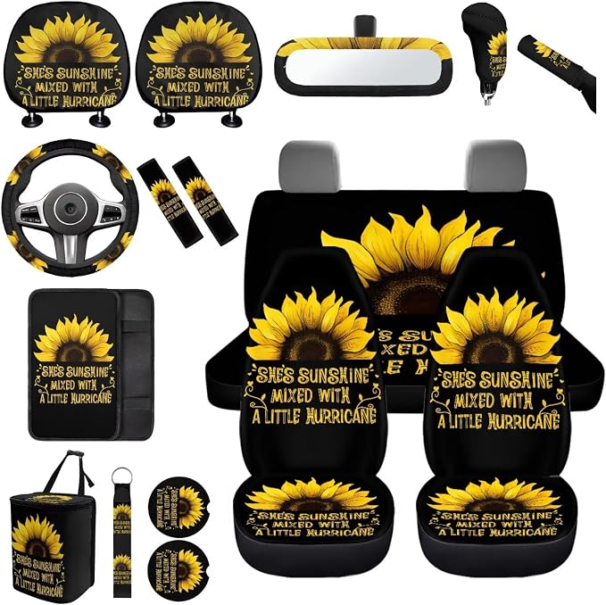 She's Sunshine Sunflower Car Seat Covers Set Full Set 17 Pack Sunflower Car Accessories Set with Cute Cow Print Steering Wheel Covers,Headrest Covers,Trash Container for Auto,Universal Fit